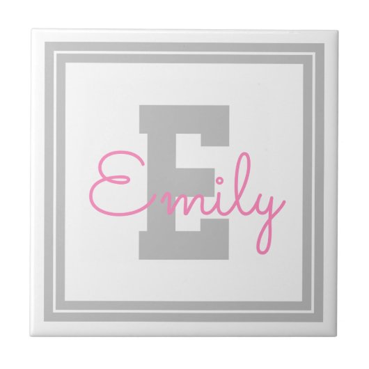 Carreau Joli nom encadré & monogramme | Gris clair & Rose (Devant)