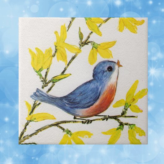 Carreau Joli Oiseau Bleu Chantant Branche d'Arbre