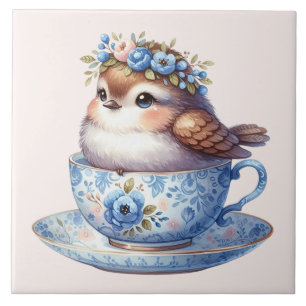 Carreau Joli Oiseau dans une Tasse à Thé Florale Art Cotta