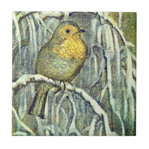 Carreau Joli oiseau Robin vintage sur une branche enneigée