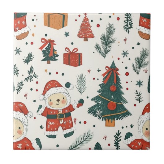 Carreau Joli ours en peluche & Père Noël sur fond blanc (1 (Devant)