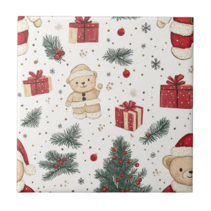 Carreau Joli ours en peluche & Père Noël sur fond blanc (3