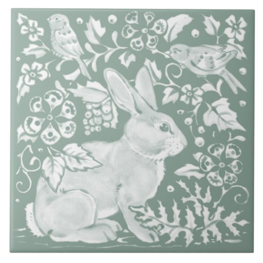 Carreau Joli Sage Green Rabbit Oiseau Bois Floral (Devant)