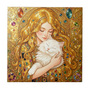 Carreau Jolie Fille Avec Chat Art Nouveau Style Gustav Kli
