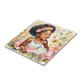 Carreau Jolie petite fille en Fleurs roses Aquarelle Art (Côté)