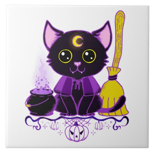 Carreau Jolie sorcière de chat noir d'Halloween (Devant)
