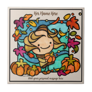 Carreau Jolies citrouilles de fille mignonne Vent d'automn