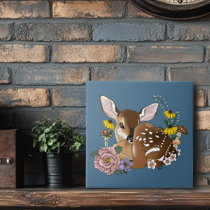 Carreau Jolies Fleurs Sauvages Faon Bleu Bébé Cerf Forêt