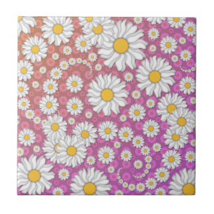 Carreau Jolies marguerites blanches sur fond rose jaune