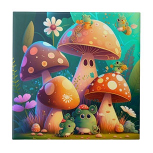 Carreau Jolis champignons et fleurs insectes vert     