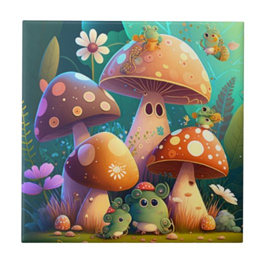 Carreau Jolis champignons et fleurs insectes vert (Devant)