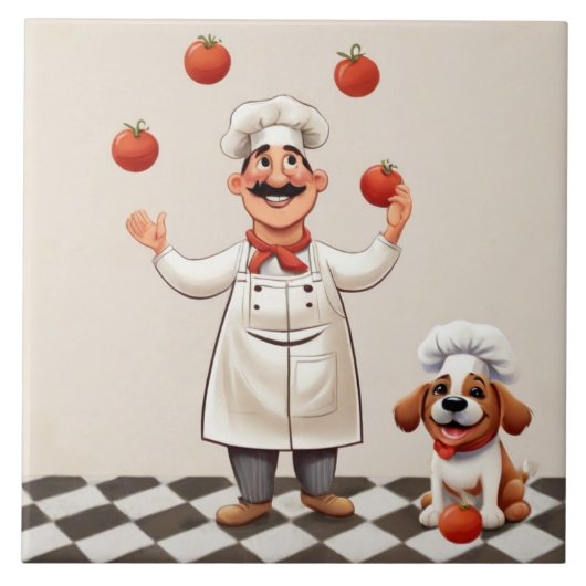 Carreau Jolly Chef: French Cook Juggling Tomatoes with dog (Devant)