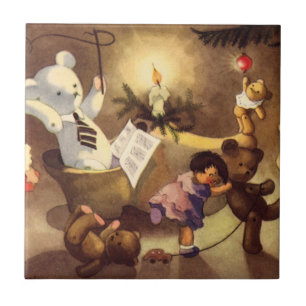 Carreau Jouets de Noël vintage, poupées dansantes, ours en