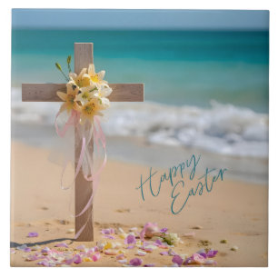 Carreau Joyeuses Pâques Croix en Bois et Lys sur la Plage
