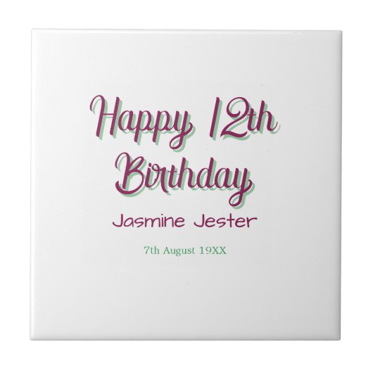 Carreau joyeux 12ème anniversaire vert rose nom date simpl (Devant)