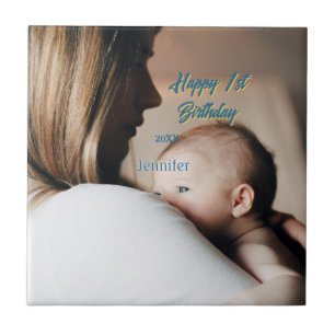 Carreau Joyeux 1er anniversaire enfants bébé mère bleu jau