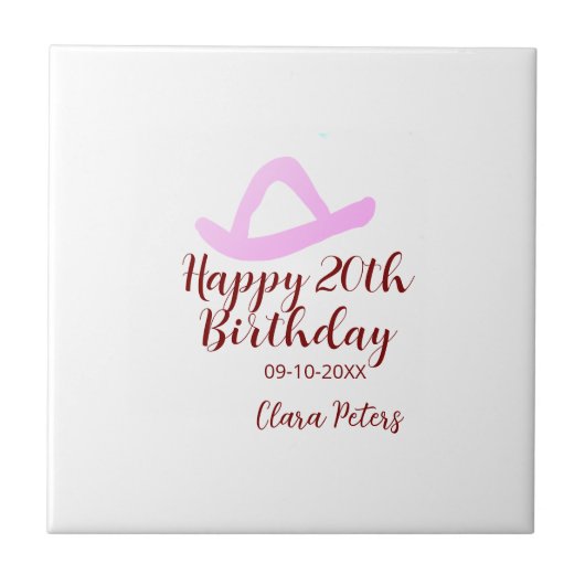 Carreau Joyeux 20e anniversaire fille cowboy rose nom date (Devant)