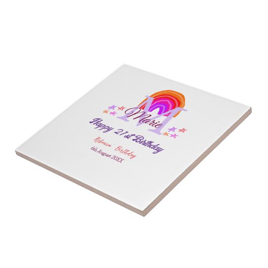 Carreau Joyeux 21e anniversaire rose ajouter nom monogramm (Côté)