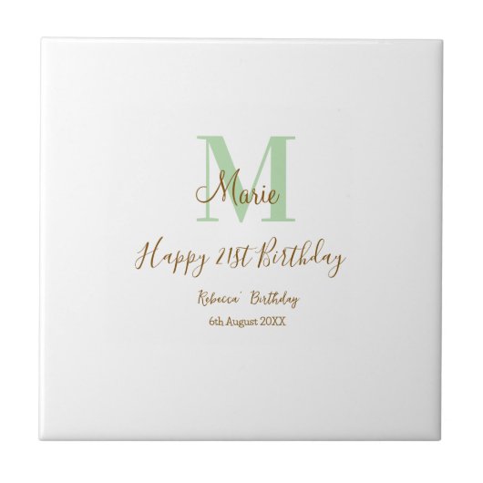 Carreau Joyeux 21e Anniversaire vert ajouter nom monogramm (Devant)