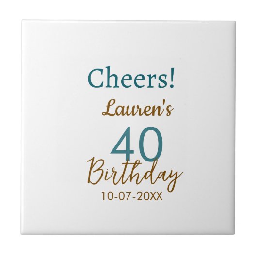 Carreau Joyeux 40e anniversaire nom date marron turquoise (Devant)