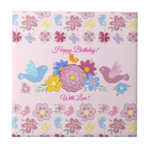 Carreau Joyeux Anniversaire Motif Fleurs Sauvages Oiseaux 