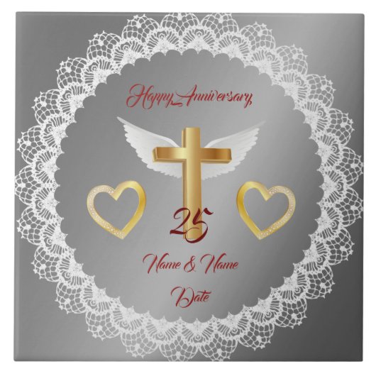 Carreau Joyeux Anniversaire Personnalisé Lace Argent (Devant)