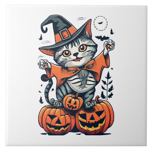 Carreau Joyeux Halloween Sorcière Chat (Devant)