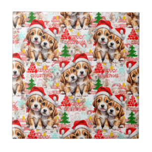 Carreau Joyeux Noël Chapeau de Père Noël Chien Design - Bl
