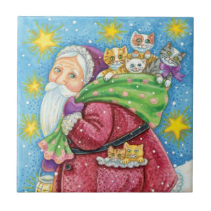 Carreau Joyeux Noël, le Père Noël avec des chatons et des 