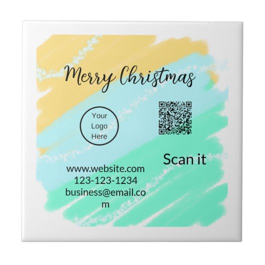 Carreau Joyeux Noël QR code entreprise jaune vert eau (Devant)