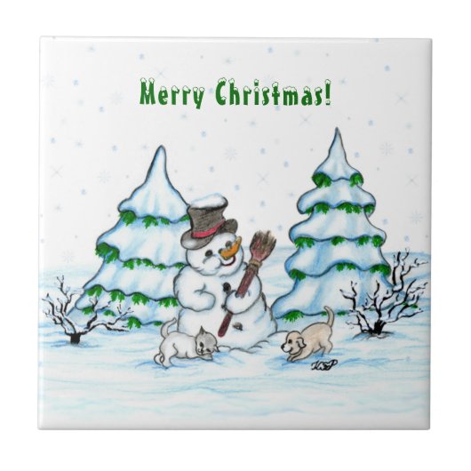 Carreau Joyeux Noël ! Snowman avec chat et chiot (Devant)