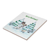 Carreau Joyeux Noël ! Snowman avec chat et chiot (Côté)