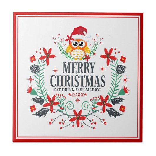 Carreau Joyeux Noël Typographie Chouette de Noël Wreath (Devant)