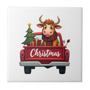Carreau Joyeux Noël Vache Highland Sapin de Noël Rouge Tr
