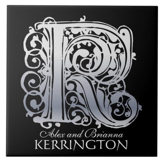 Carreau K Monogramme "Dentelle d'argent sur noir" avec Nom (Devant)