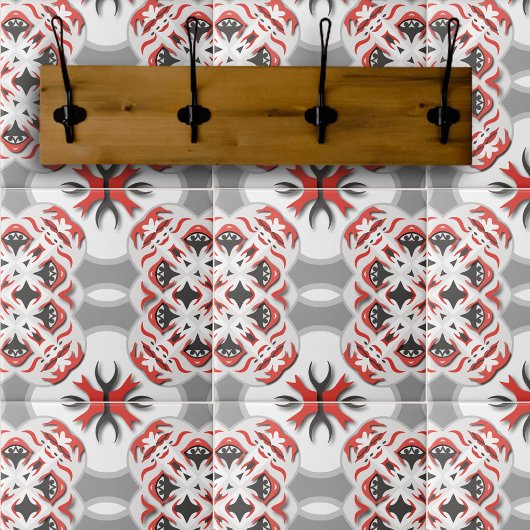 Carreau Kaleidoscope Abstrait tribal gris-rouge noir