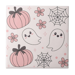 Carreau Kawaii Halloween rose Fantômes et Citrouilles