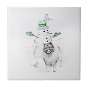Carreau Keeshond Noël Snowman Peinture Chien Art
