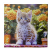 Carreau Kitten au gingembre dans un jardin fleuri (Devant)