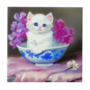 Carreau Kitten blanc vintage aux fleurs roses