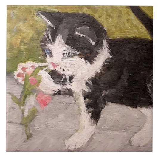 Carreau Kitten Jouer avec Fleur rose (Devant)