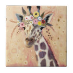 Carreau Klimt Giraffe | Orné De Fleurs<br><div class="desc">Cette impression présente une girafe douce ornée d'une couronne de fleurs | Par Victoria Borges</div>