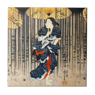 Carreau Kuniyoshi trois femmes avec la tuile de parapluies