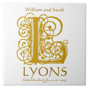 Carreau L Monogramme or sur blanc - Noms Mariage Date Tile