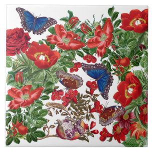 Carreau La pivoine rose de papillon bleu de Morpho fleurit