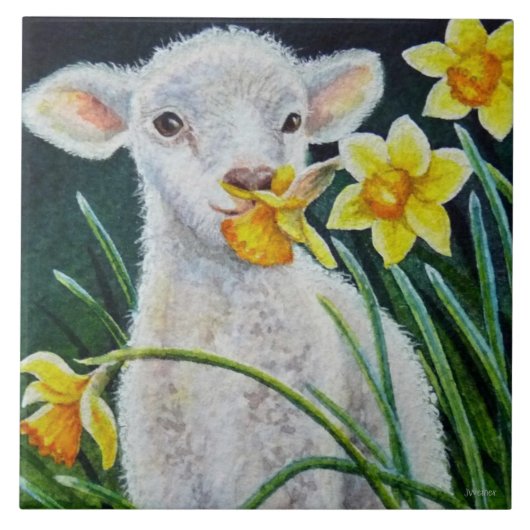 Carreau Lamb bébé et jonquilles de printemps Aquarelle Art (Devant)