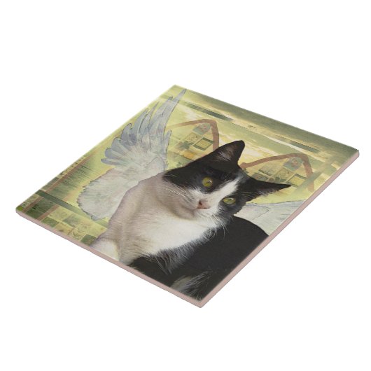 Carreau l'ange noir et blanc de chat s'envole l'art (Côté)