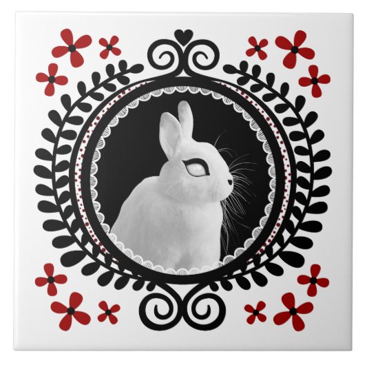 Carreau Lapin Blanc Étrange : Blanc, Noir & Rouge (Devant)