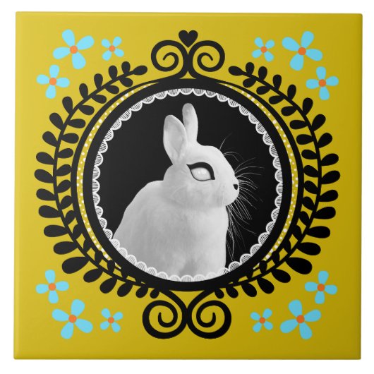 Carreau Lapin Blanc Étrange : Jaune, Noir et Bleu Clair (Devant)