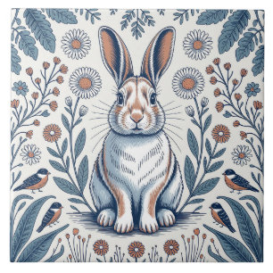 Carreau Lapin de fantaisie bleu design floral